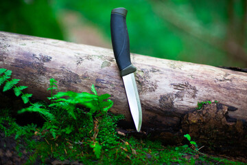 camping knife on a log in the forest