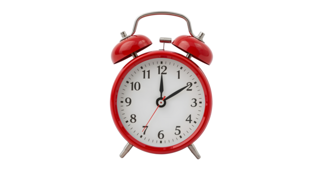 Red retro alarm clock isolated on white showing time with classic design