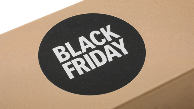 Black friday sale concept with promotional label on brown box