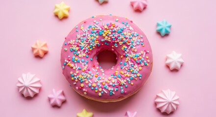 Pink Icing Donut with Sprinkles and Meringue Kisses