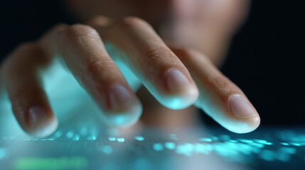 Close-up of a human hand interacting with a holographic interface displaying financial data, futuristic office. Blue and green light, ultra high definition.