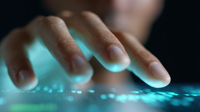 Close-up of a human hand interacting with a holographic interface displaying financial data, futuristic office. Blue and green light, ultra high definition.