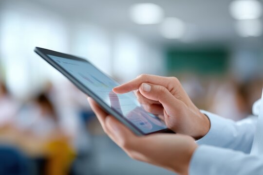 Hands holding a tablet displaying online education content, blurred student background. Digital learning, accessible.