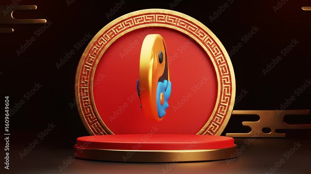 Poster animated yin yang symbol on red and gold pedestal with intricate border design