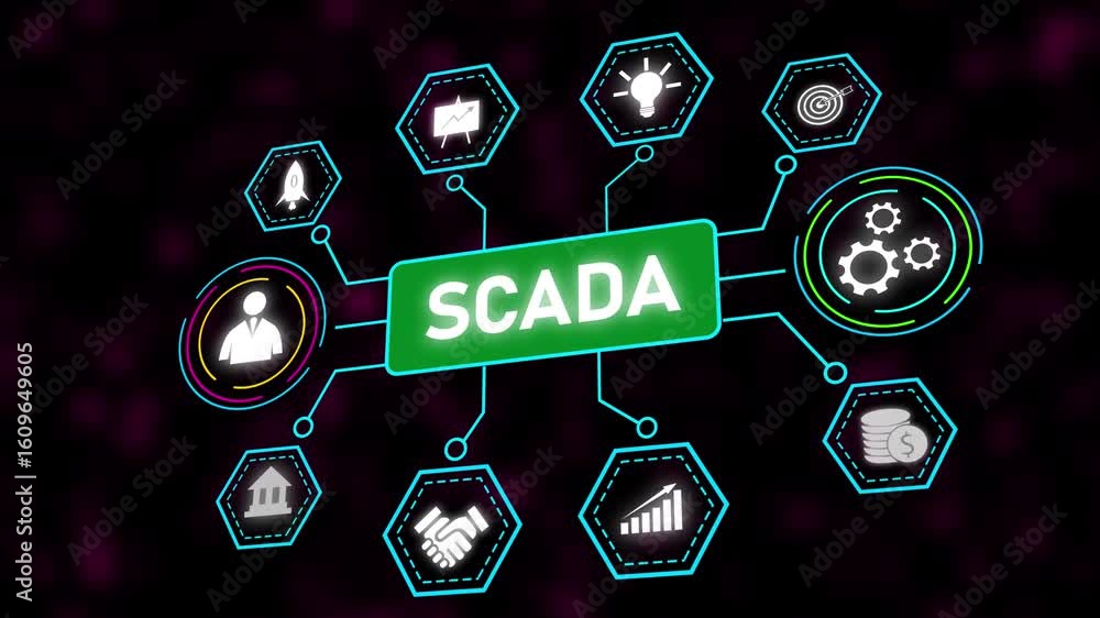 Poster scada system animation business technology network cybersecurity data management industrial. scada s