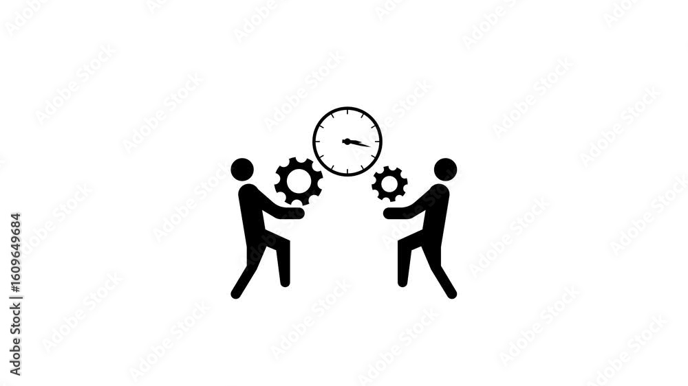 Poster teamwork collaboration time management efficiency cogs gears clock business people animation. teamwo