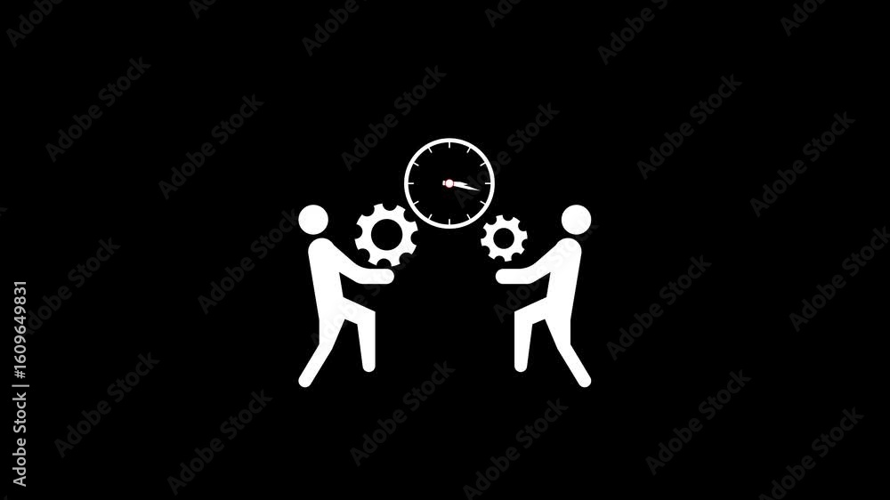 Poster Teamwork Time Management Efficiency Cogs Gears Clock Minimalist Animation Business Cooperation. Teamwork And Time Management Animation. Cogs And Gears Show Workflow Synchronization.