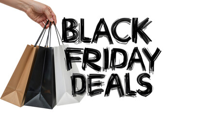 Black friday shopping deals with brown, black, and white bags on isolated background