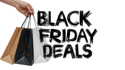 Black friday shopping deals with brown, black, and white bags on isolated background
