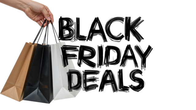 Black friday shopping deals with brown, black, and white bags on isolated background