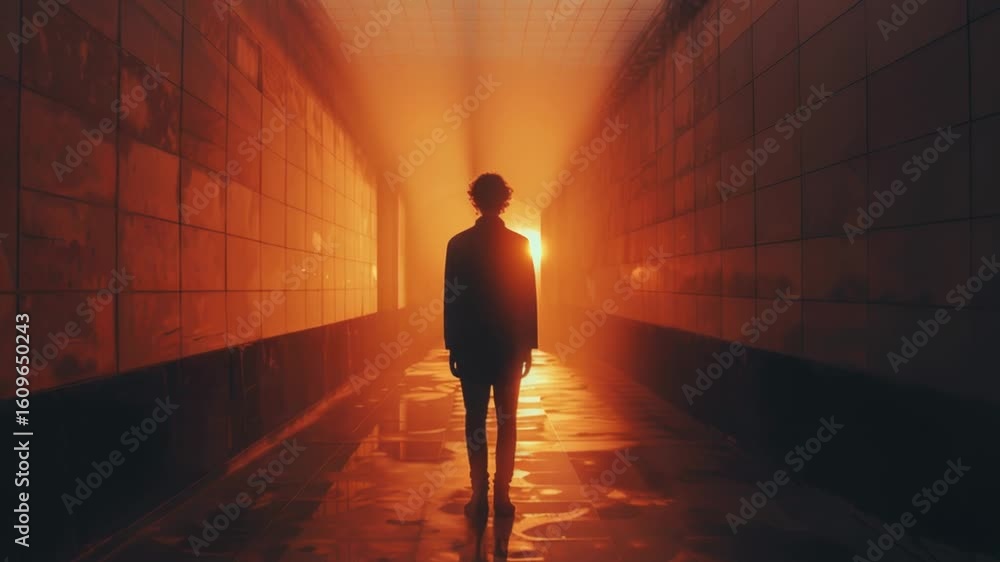Poster a person standing in a hallway with a bright light, suitable for use as a background or to represent