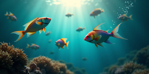 Vibrant tropical fish swim in sunlit coral reef