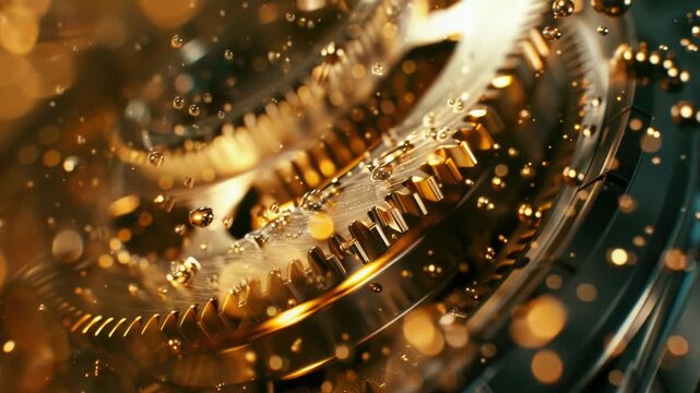 A detailed view of a clock's internal workings, featuring golden gears and other mechanical components