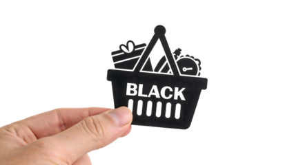 Hand holding black friday shopping basket icon with gifts and watch