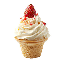 Creamy vanilla ice cream cone topped with whipped cream and a fresh strawberry