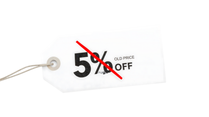 Discount tag with crossed out 5 off label on isolated background