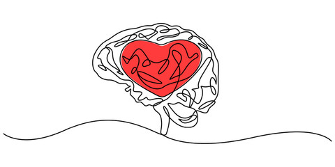 Human brain and heart inside continuous line drawing. Rationality with emotions connection concept. Vector illustration isolated on white, Simple One Line Drawing of a Brain Inside a Heart Symbol, pro