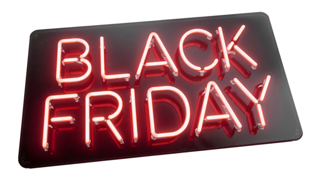 Black friday neon signboard glowing brightly for holiday sales and shopping deals