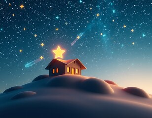 Fototapeta premium Whimsical Nighttime Scene Illuminated House Under a Starry Sky