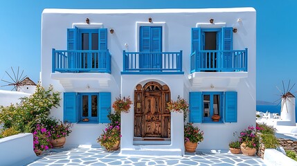 Picturesque greek island home exterior with blue shutters balconies and surrounding windmills in high resolution photo
