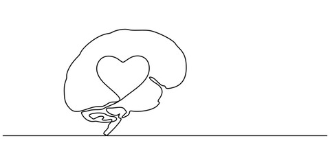 Human brain and heart inside continuous line drawing. Rationality with emotions connection concept. Vector illustration isolated on white, Simple One Line Drawing of a Brain Inside a Heart Symbol, pro