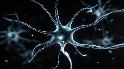 3D Neuron Model Showcasing Intricate Connections Floating in Dark Space With an Empty Top-Left Quadrant