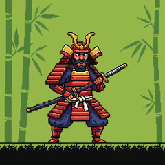 Fototapeta premium Pixel Art Samurai Warrior with Katana Swords and Bamboo Background.