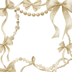 Watercolor greeting frame with bows and ribbons. Hand drawn illustration on white background