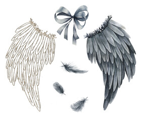 Watercolor gold, black wings, feather, bow. Abstract hand drawn isolated illustration on white background