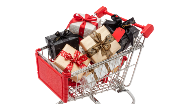 Shopping cart filled with wrapped gifts: festive holiday presents and bows in a red cart - Powered by Adobe