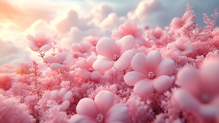 Soft pink flower field with fluffy clouds in a dreamy, ethereal, high resolution photo.