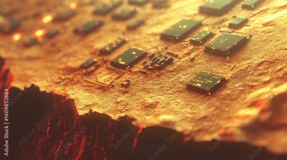 Poster abstract close-up view of circuit board with glowing elements