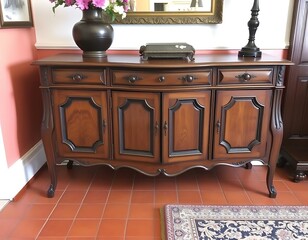 Elegant Wooden Credenza with Floral Arrangement and Accessories