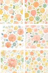 Obraz premium Six floral patterns featuring pastel colored flowers and leaves arranged on a white background, creating a soft and delicate aesthetic.