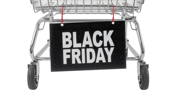 Black friday shopping cart with sale sign  retail promotion and holiday shopping concepts