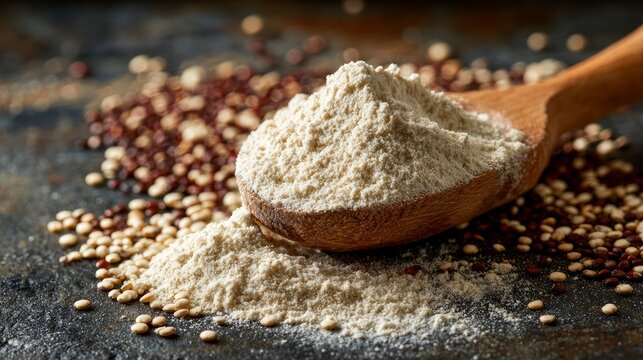 Close-up of a wooden spoon holding quinoa flour resting on scattered seeds