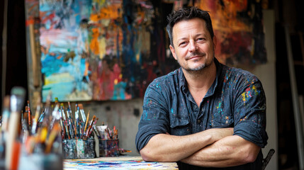 A man in a blue shirt with paint splatters sits in front of a colorful abstract painting in an artist's studio.