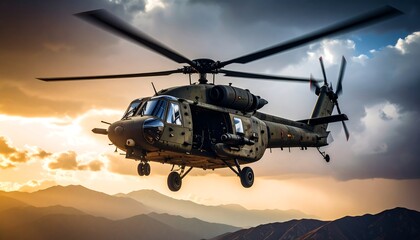 Military helicopter in flight over mountainous terrain at sunset