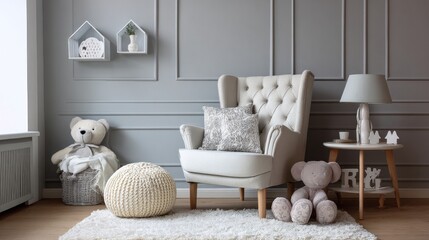 Cozy armchair placed in a stylish, contemporary nursery interior