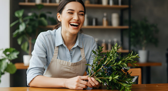 A cheerful florist is holding a bouquet of flowers at her shop