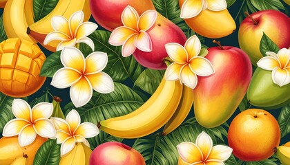 Tropical fruit pattern with flowers