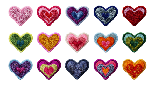 A collection of diverse heart designs arranged in a grid