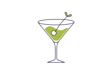 Martini Glass Line Drawing with Olive Garnish on Plain Background