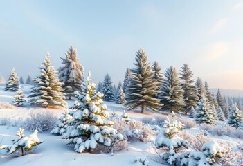 Obraz premium Snow-dusted pines blanket a tranquil winter countryside, Christmas spirit in the air, idyllic, pine trees