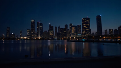 Cityscape at Night: Modern Skyscrapers Lit Up Along Waterfront, Dusk.