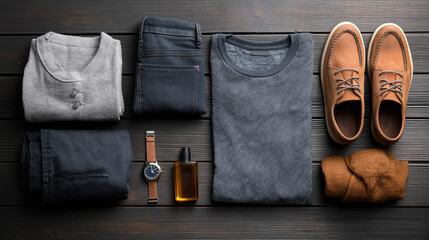 Flat lay of men's casual fashion essentials on dark wooden surface, folded jeans, T-shirt, watch, shoes.