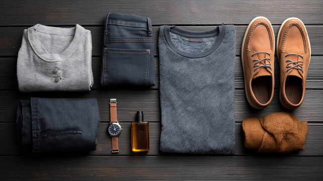 Flat lay of men's casual fashion essentials on dark wooden surface, folded jeans, T-shirt, watch, shoes.