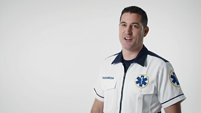 Smiling paramedic with dark hair poses in uniform against a white background