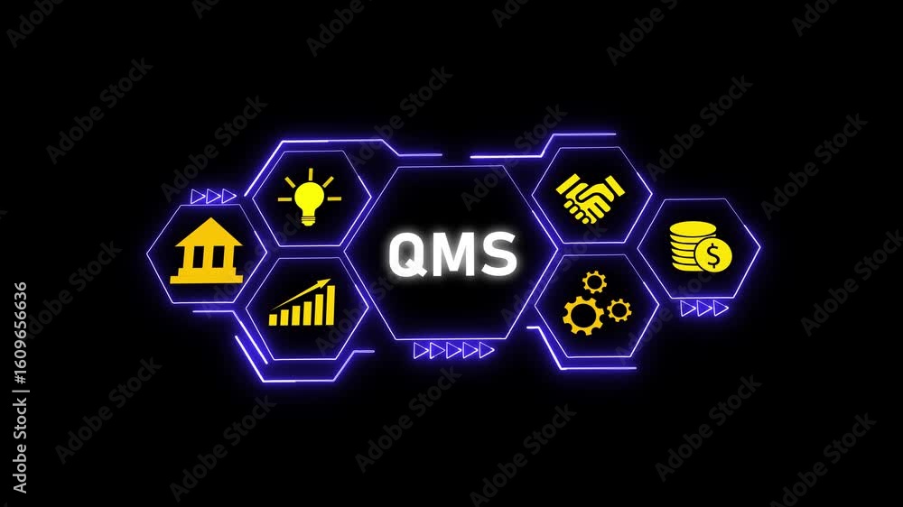 Poster q m s animated hexagon network system technology innovation business finance growth strategy. qms sy
