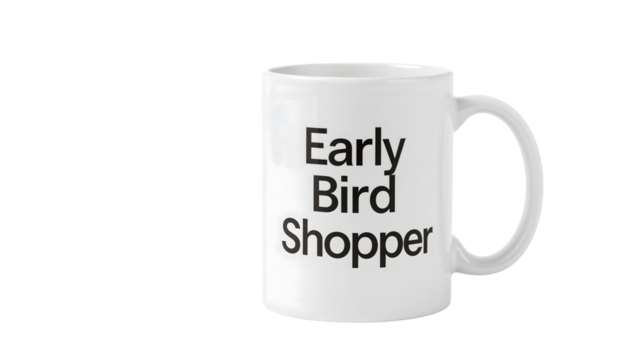 Minimalist white mug with early bird shopper text emphasizing morning routine and shopping enthusiasm